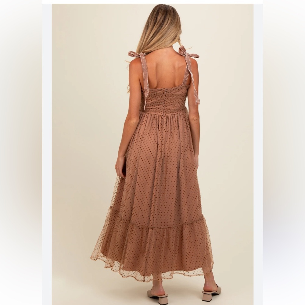 Entro Camel Polka Dotted Mesh Overlay Shoulder Tie Maxi Dress Medium Fairycore - Picture 4 of 16